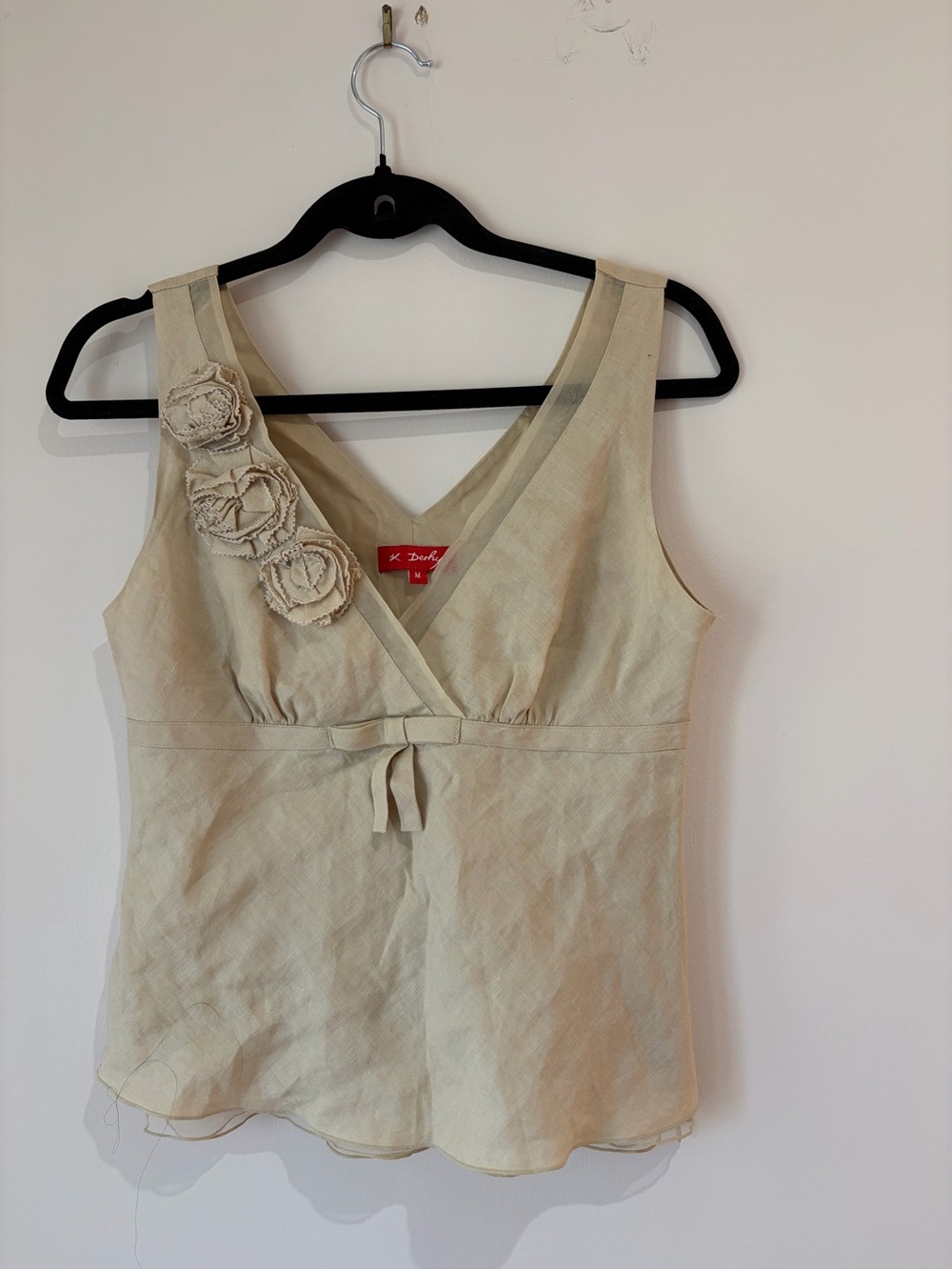 Vintage Derhy Y2K khaki linen blend floral appliqué with empire seam and bow